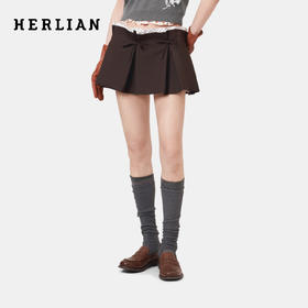 HERLIAN 2026年春季新品蝴蝶结抽褶设计短裙女棕调双褶A字半裙
