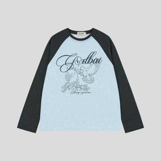 GOODBAI 春夏双鸽爱心撞色印花休闲宽松插肩袖长袖T恤女 商品图2