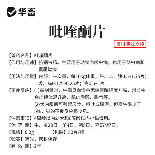 华畜 0.2g高含量吡喹酮片50片/瓶 肝脑清 驱虫促长 防治脑包虫 动物血吸虫病 用于治多种虫类 商品图4