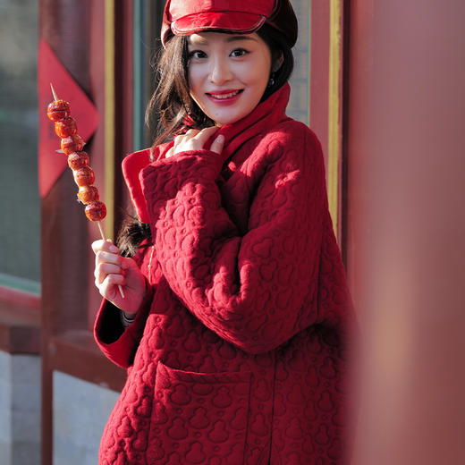 福禄满棠 100%绵羊毛葫芦海棠拱花浮雕针织薄棉外套半裙 山林曦照 商品图1