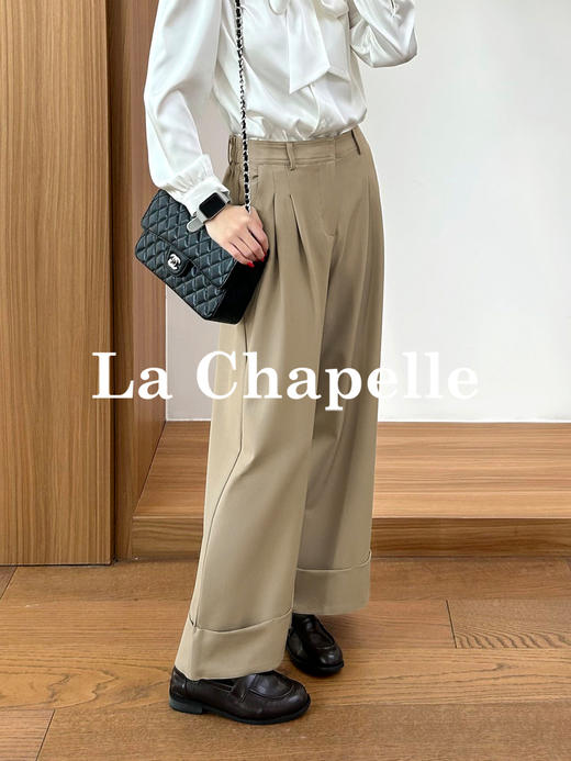 拉夏贝尔/La Chapelle通勤百搭时尚阔腿裤微弹半松紧压褶卷边显瘦休闲裤 商品图3