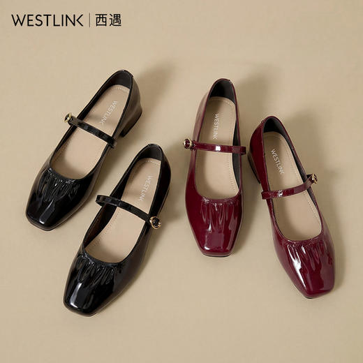 西遇玛丽珍鞋女2026春季新款一字扣浅口方头褶皱设计粗跟漆皮单鞋V0166211 商品图4
