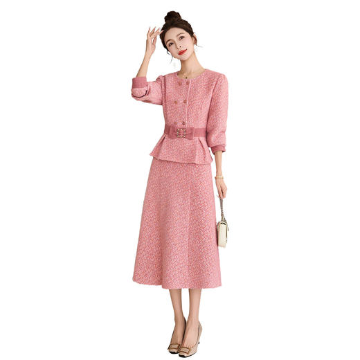 「自」全新升级【铂金会员349/天猫469/差价120】(99535)洛诗琳时尚格纹蝴蝶结系带外套+高腰大摆A字半裙两件套 商品图4