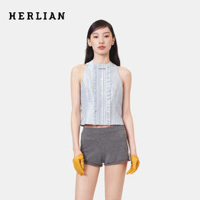 HERLIAN 2026年春季新品波点荷叶花边蓝格女士无袖圆领衬衫上衣