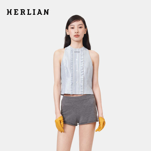 HERLIAN 2026年春季新品波点荷叶花边蓝格女士无袖圆领衬衫上衣 商品图0