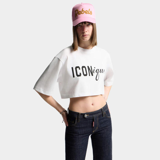 DSQUARED2 女士字母徽标印花棉质圆领短袖短款T恤 S73GC0309 D20033 100 商品图0