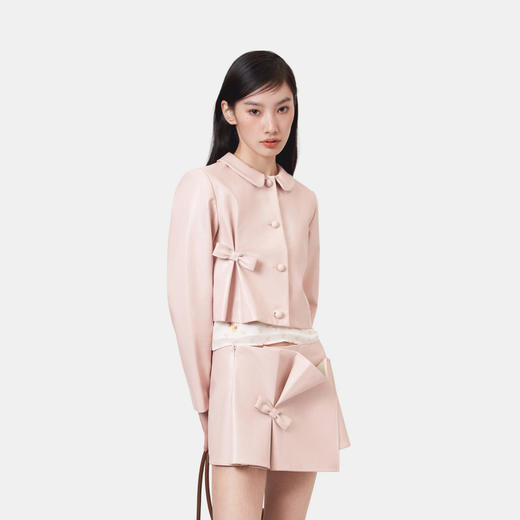 HERLIAN 2026年春季新品掐褶设计粉调皮短款PU皮女士修身外套 商品图1