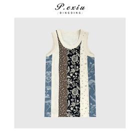 04-3潘依绣丁丁宠粉复古国风撞色提花拼接圆领无袖连衣裙Q5489