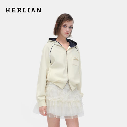 HERLIAN 2026春季新品蝴蝶结口袋装饰女士连帽开衫卫衣外套 商品图0