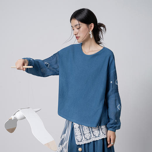 【林栖设计小店】植物染色|手工植物蓝优雅百搭宽松2026春新款棉麻衬衣1961137 商品图4