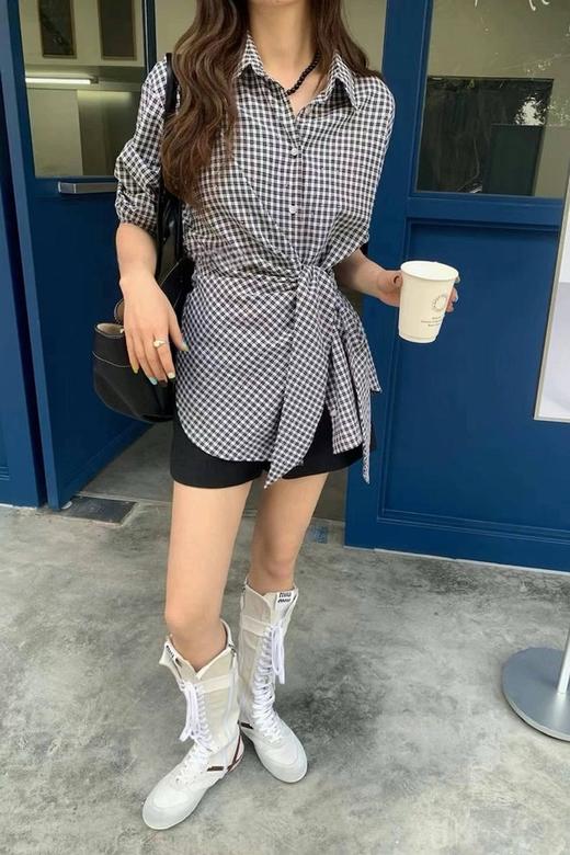 LNNNS 复古文艺绑带格子休闲衬衫 22250 商品图3