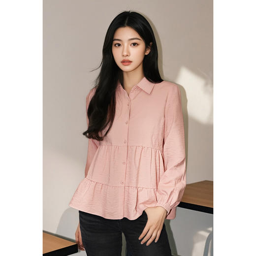 米思阳 时尚韩系单排扣宽松减龄A摆衬衫通勤上衣女4330 商品图0