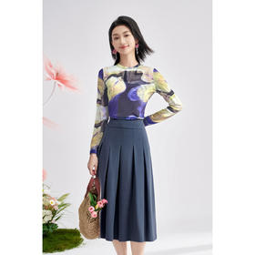剩L/XL 米思阳 艺术感印花弹力T恤高腰百褶半裙两件套 套装裙子女秋季高级感4449