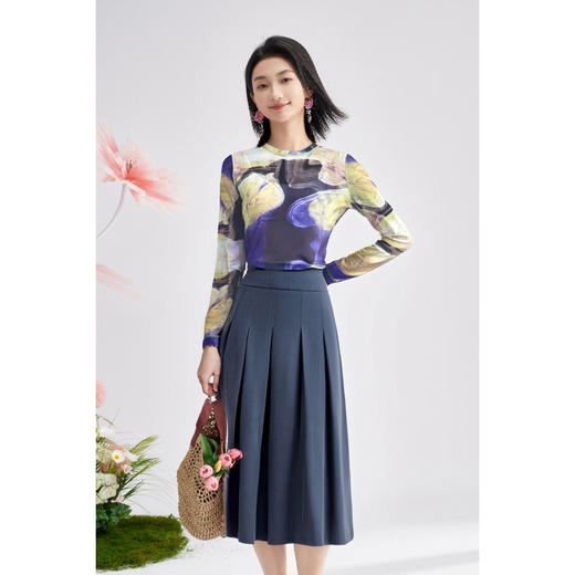 剩L/XL 米思阳 艺术感印花弹力T恤高腰百褶半裙两件套 套装裙子女秋季高级感4449 商品图0