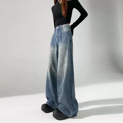 裤子镶钻 今年必赚！！！满天星河烫钻阔腿牛仔裤   高腰宽松高级感拖地裤 商品图1