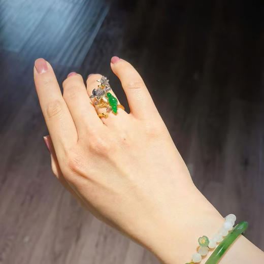 龢盒原创 9k金镶玉兰翠鸟钻石开口戒指 商品图3