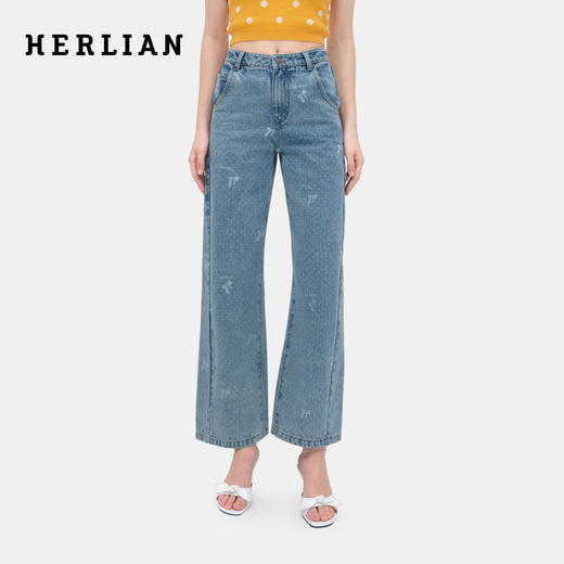 HERLIAN 2026年春季新品蝴蝶结波点印花女士弯刀裤牛仔长裤 商品图0