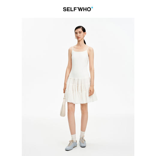 SELFWHO白色梭织拼接船领连衣裙女2026春新款可调节肩带A字无袖裙 商品图2