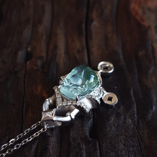 【天然正品】A货翡翠AU750白金镶钻镶天然细腻冰种飘蓝花貔貅纳财造型翡翠吊坠项链26.2*12.1*8.2MM（皆取最大值）190126NJS19 商品图9