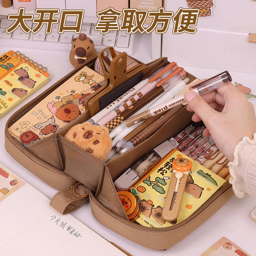 【5层收纳笔袋 分类收纳 整齐有序】卡皮巴拉火山翻盖透明多层笔袋 小学生耐脏文具盒 高颜值儿童铅笔盒 商品图2