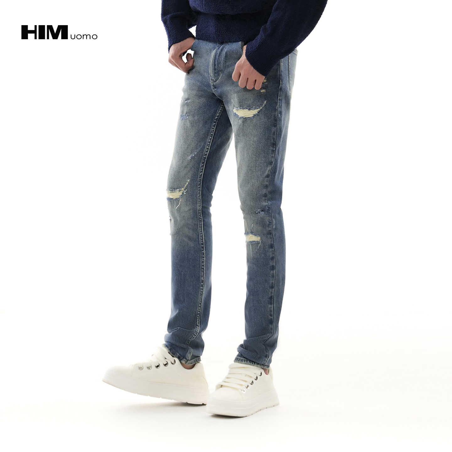 HIM漢崇  错落感做旧割破舒适耐磨休闲弹力修身牛仔裤男 2025冬季