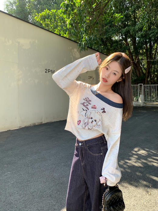 <曾小咸推荐>3.16现货秒杀 ！微信超特价！韩系小狗印花露肩针织衫 日常149.99 立减60 秒杀89.99！！ 商品图5