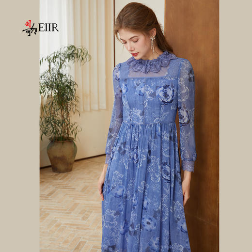 司歌印花收腰长袖雪纺连衣裙A921161X 商品图0