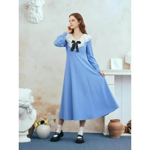 两三事梵高文艺心动微光2026春季新款复古荷叶边刺绣蝴蝶结连衣裙 商品图3