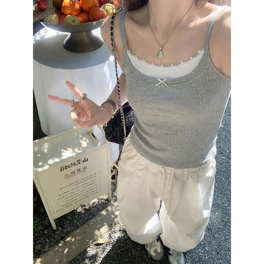 <曾小咸推荐>花灰色拼接吊带背心无袖上衣 商品图2