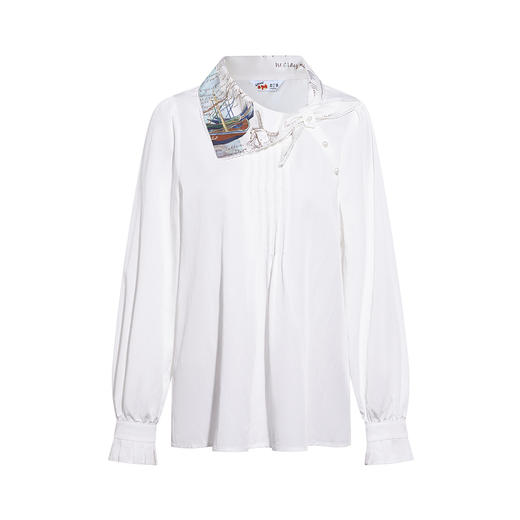 两三事梵高文艺 晨昏告白 2026春季新款印花领结斜边纽扣雪纺衫女 商品图4