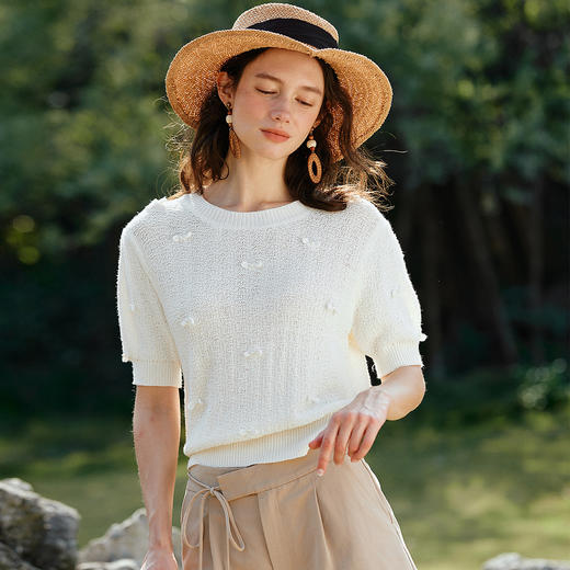 OLrain欧芮儿2026新款女夏季法式清雅减龄蝴蝶结圆领短袖针织衫 商品图0