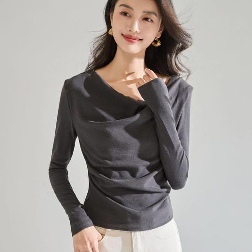 「自」全新升级【铂金会员146/天猫199/差价53】(85026)洛诗琳气质v领长袖t恤2026春季新款正肩不规则抽褶打底上衣 商品图1