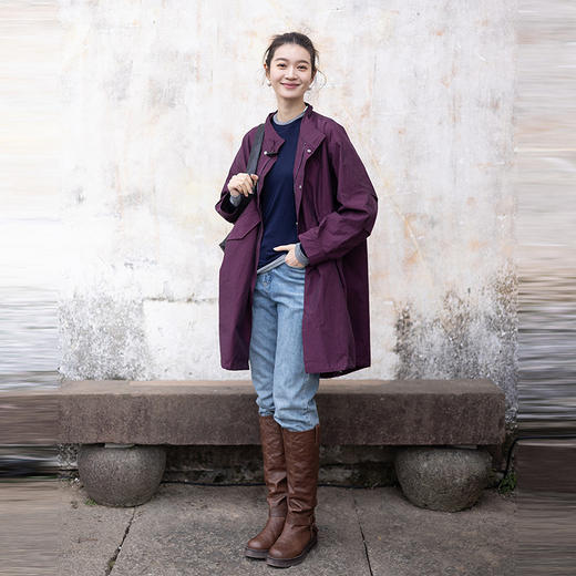绽放045朵/春日织紫·紫色色织长绒棉风衣外套女春中长款休闲大衣 商品图1