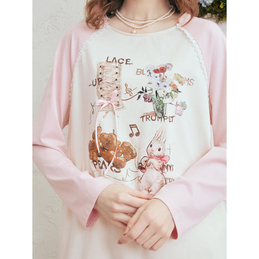 两三事梵高文艺悄然心动2026春季新款拼色插肩袖蝴蝶结印花t恤女 商品图3