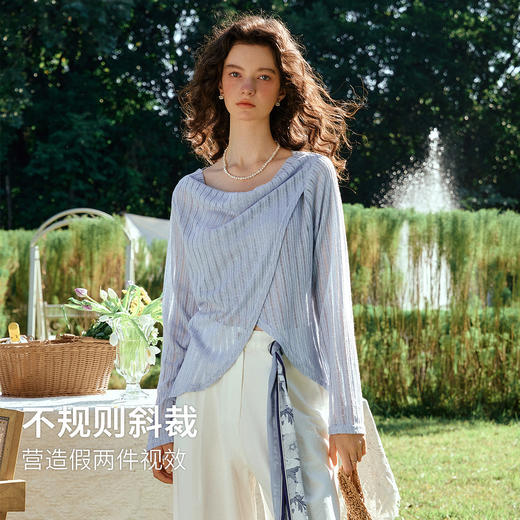 OLrain欧芮儿2026新款女春季蓝色法式精致显瘦假两件长袖针织衫 商品图0