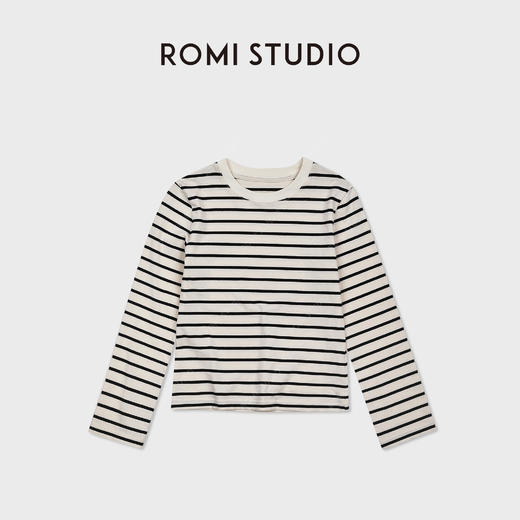 ROMI STUDIO"简约随性"全棉条纹撞色短款圆领长袖T恤 RWDSS61798 商品图0
