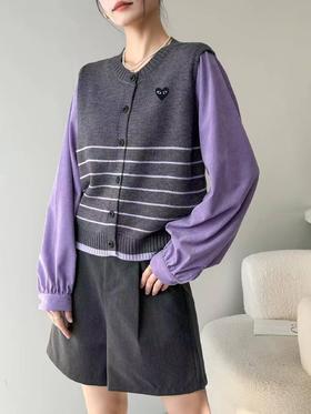 F013022撞色拼接假两件圆领短款针织开衫女