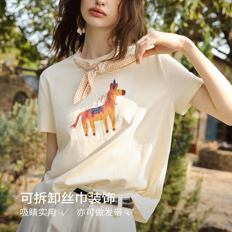 欧芮儿轻法式丝巾设计感印花圆领短袖T恤女夏季2026新款纯棉上衣