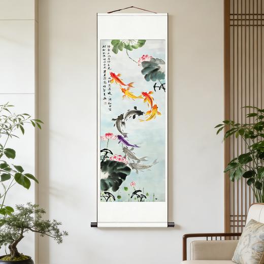 新中式九鱼运财竖版国画玄关书房走廊客厅字画装饰画（无装裱） 商品图1