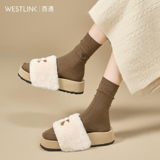 西遇厚底毛毛鞋女新款秋冬法式羊毛保暖一脚蹬增高外穿拖鞋V1857077 商品图2