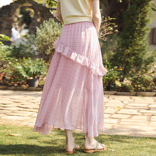 OLrain欧芮儿2026新款女春季法式飘逸灵动粉格大摆雪纺半身裙长款 商品图3