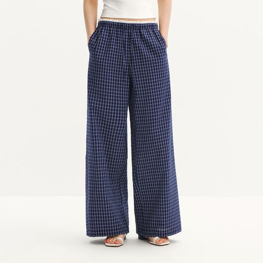 森马休闲裤女夏盐缩格子肌理花边长裤2026新款文艺慵懒温柔阔腿裤 商品图2