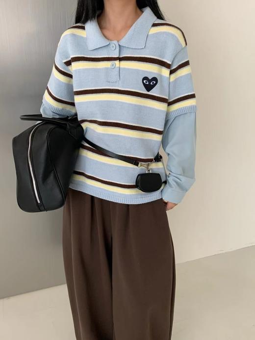 F013024复古学院风Polo领设计条纹毛衣针织衫 商品图2