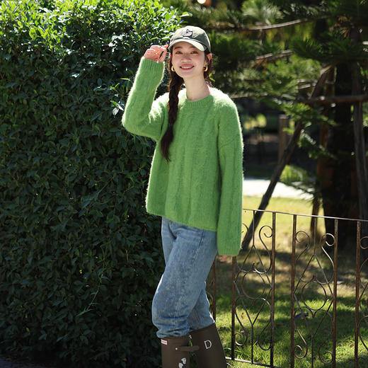 绽放111朵/100羊毛衫多色圆领落肩绞花套头毛针织衫女春新款毛衣 商品图1