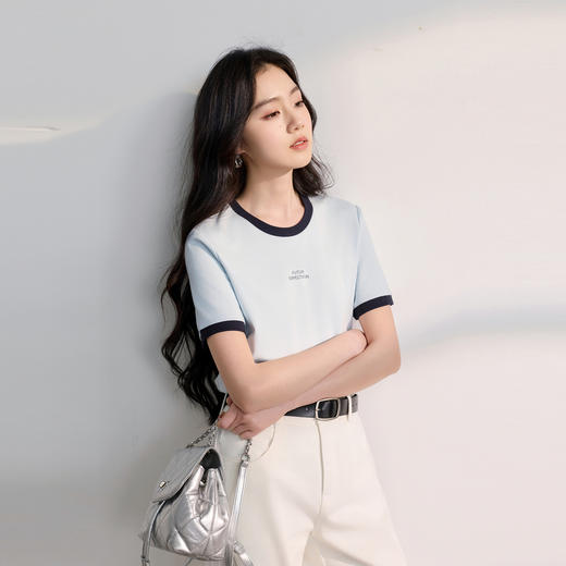 【匹马棉】三彩2026春季新款撞色圆领正肩短袖字母T恤基础套头Z 商品图3