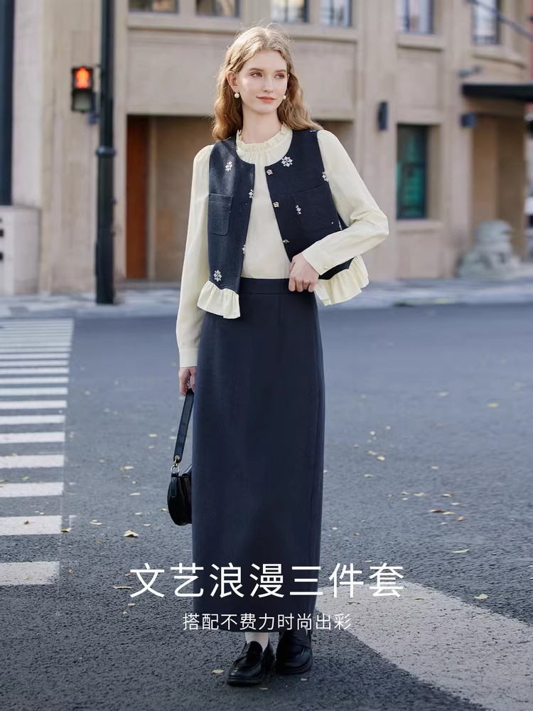 香y同款小香风套装 高级感衬衫/马甲/半身裙三件套