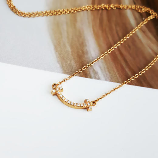 【95新】Tiffany & Co.蒂芙尼Tiffany T 系列迷你18K玫瑰金满钻Smile笑脸项链 链长约45cm女士260126AK49 商品图3
