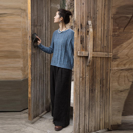 绽放015朵/色织亚麻系带半腰松紧阔腿裤女春季新款直筒长裤休闲裤 商品图2