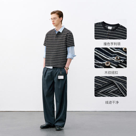 714street复古亨利领短袖T恤男2026春季潮牌半开领条纹休闲针织衫 商品图2