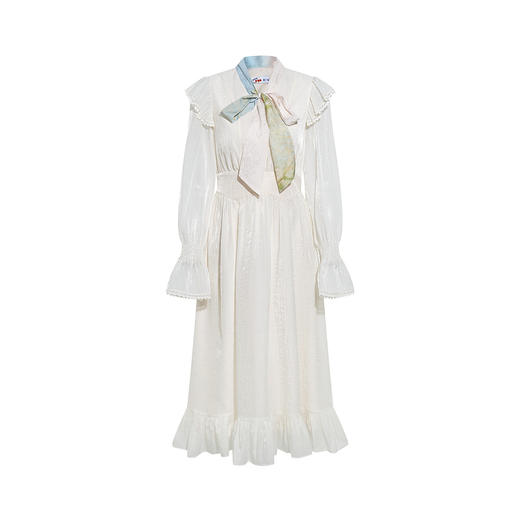 两三事梵高文艺情书未眠2026春新款甜美荷叶边拼接印花领带连衣裙 商品图4